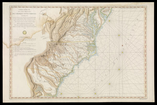 Carte Réduite des Côtes Orientales de l'Amérique Septentrionale contenant Partie du Nouveau Jersey, la Pen-sylvanie, le Mary-land, la Virginie, la Caroline Septentrionale, la Caroline Méridionale et la Georgie, Assujettie aux Observations les plus récentes et aux Cartes de détail les plus estimées Dressée au Dépôt Géneŕal des Cartes, Plans et Journaux de la Marine, pour le service des Vaisseux du Roi Par Ordre de M. de Sartine, Conseiller d'Etat, Ministre et Secretaire d'Etat, ayant le Départment de la Marine. 1778.