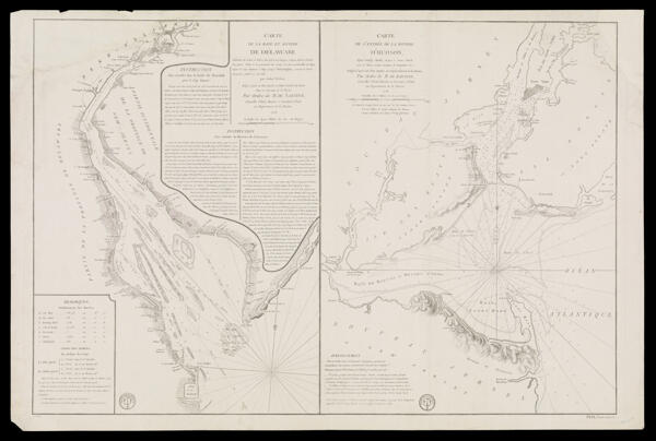 Carte de la Baye et Riviere de Délaware Contenant une éxacte et entiére description des Rivages, Criques, Havres, Sondes, Bas-sonds, Sables et gissements des marques les plus considérables du Pays depuis les Caps James et May jusqu'à Philadelphie, suivant la Carte Originale, publiée en cette Ville par Josué Fischer. Redige, d'apres un Plan Anglois au Depot General des Cartes Plans et Journaux de la Marine. Par Ordre de M. de Sartine, Conseiller d'Etat, Ministre et Secretaire d'Etat au Departement de la Marine. 1778. Carte de l'entrée de la riviere d'Hudson, depuis Sandy-Hook jusques à New-York, avec les Bancs, Sondes, marques de Navigation &c. Depot de la Marine, Redigee d'apres un Plan Anglois au Depot General de la Marine, Par Ordre de M. de Sartine, Conseiller d'Etat, Ministre et Secretaire d'Etat, au Departement de la Marine. 1778