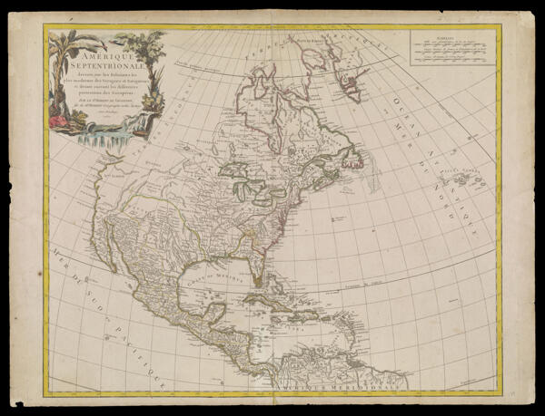 Amerique Septentrionale, dressée, sur les Relations les plus modernes des Voyageurs et Navigateurs, et divisée suivant les differentes possessions des Europeéens, Par le Sr. Robert de Vaugondy, fils de Mr. Robert, Geographe ordin. du Roy, Avec Privilege. 1750.