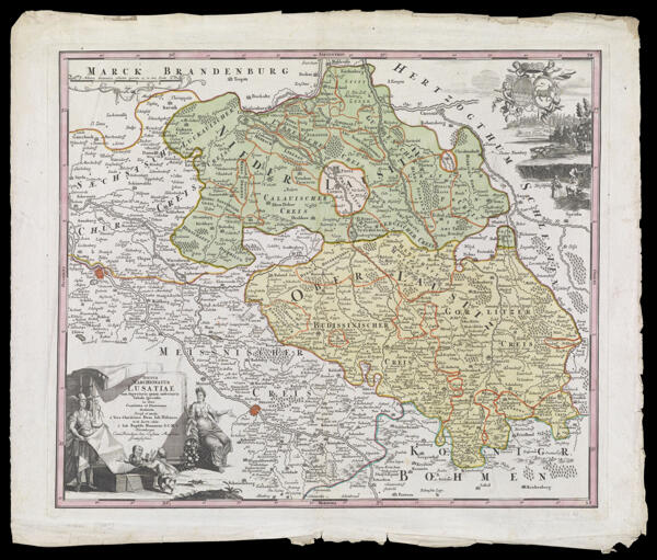 Totius Marchionatus Lusatiae tam superioris quam inferioris Tabula specialis in suos Comitatus et Dominatus distincta Revisa et aucta a Viro Clarisimo Dom. Ioh. Hübnero et lucem edita a Ioh. Baptista Homanno, Norimbergæ, Cum Privilegio Sac. Caesece Majes