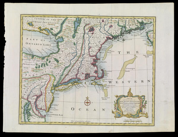 A New and Accurate Map of New Jersey, Pensilvania, New York and New England, with the adjacent Countries. Drawn from Surveys, assisted by the most approved Modern Maps & Charts, and Regulated by Astronomical Observations. By Eman. Bowen copy 2