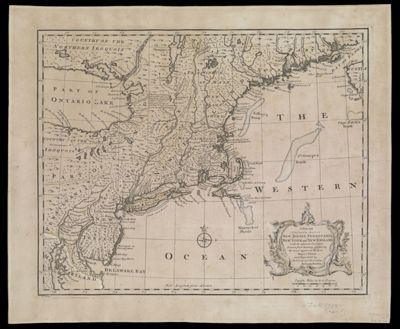 A New and Accurate Map of New Jersey, Pensilvania, New York and New England, with the adjacent Countries. Drawn from Surveys, assisted by the most approved Modern Maps & Charts, and Regulated by Astronomical Observations. By Eman. Bowen copy 1