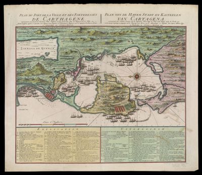 Plan du Port de la Ville et des Forteresses de Carthagene : Plan van de Haven Stadt en Kasteelen van Cartagena : représentant exactement la Vue de la Flotte Angloise, le long de la Côte, dans la Baye proche la Ville & c. suivant le dessein aporté et re