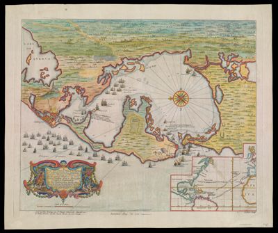 A New and Correct Plan of the Harbour of Carthagena in America Seated 16 Degrees 26 Minutes Lat. north and 75 degrees 21 Long. West of London, from a Draught brought to England by by Pet. Chassereau Archi: Also a View of the Fleet as they Anchor'd on ye Coast of Playa Grande & as they after moved to ye Forts St. Iago St. Philip & Boccachica & after into ye Harbour in Order to Beseige ye Town agreeable to ye Acct. brought over by Capt. Laws.