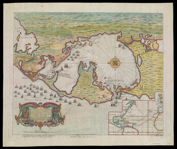 A New and Correct Plan of the Harbour of Carthagena in America Seated 16 Degrees 26 Minutes Lat. north and 75 degrees 21 Long. West of London, from a Draught brought to England by by Pet. Chassereau Archi: Also a View of the Fleet as they Anchor'd on ye Coast of Playa Grande & as they after moved to ye Forts St. Iago St. Philip & Boccachica & after into ye Harbour in Order to Beseige ye Town agreeable to ye Acct. brought over by Capt. Laws.