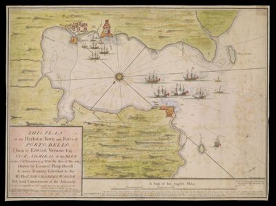 This Plan of the Harbour, Town, and Forts of Porto Bello (taken by Edward Vernon, Esqr. Vice Admiral of the Blue on the 22d of November 1739 With Six Men of War only) Drawn by Lieutent. Philip Durell, Is most Humbly Inscribed to the Rt. Honble. Sir Charles Wager First Lord Commisioner of the Admiralty. I do assure the publick that this Plan is exactly copied from the Original (and only) Drawing brought over by me, Ja. Rentone