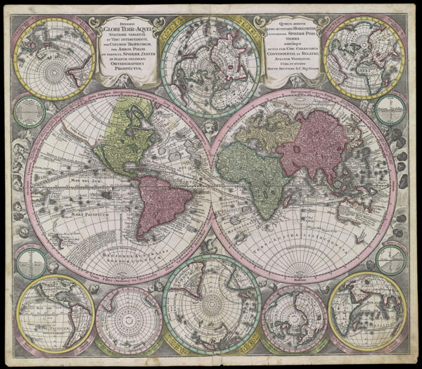 Diversi Globi Terr-Aquei Statione Variante et Visu Intercedente per Coluros Tropicorum per Ambos Polos et particul. Sphæræ Zenith in Planum Delineati Othrographici Prospectus; Quibus Additae pro Mutatione Horizontis Differentes Sphæræ Positiones Earumqu