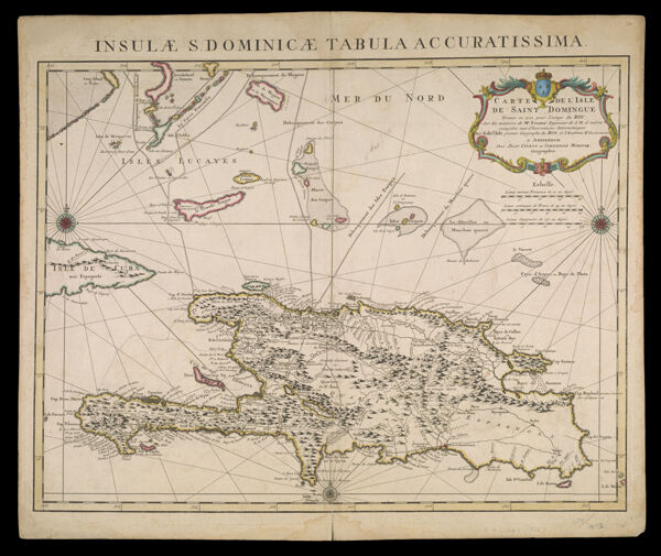 Carte de l'Isle de Saint Domingue Dresse en 1722 pour l'usage du Roy Sur les memoires de Mr. Frezier Ingenieur de S.M. et autres assujettis aux Observations Astronomiques par G. de l'Isle premier Geographe du Roy, de l'Academie Rle. des Sciences, a Amsterdam Chez Jean Covens et Corneille Mortier, Geographes.