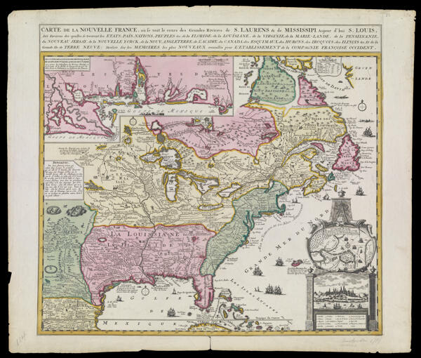 Carte de la Nouvelle France où se voit le cours des Grandes Rivieres de S. Laurens & de Mississipi, aujour d'hui S. Louïs aux environs des-quelles se trouvent Etats, Païs, Nations, Peuples &c. de la Floride, de la Louïsiane, de la Virginie, de la Marie-lande, de la Pensilvanie, du Nouveau Jersay, de la Nouvelle Yorck, de la Nouv. Angleterre, de l'Acadie, du Canada, des Esquimaux, des Hurons, des Iroquois, des Illinois &c., et de la Grande Ile de Terre Neuve dress‚e sur les memoires les plus nouveaux recueillis pour l'etablissement de la Campagnie Françoise Occident