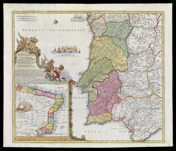 Portugalliae et Algarbiae cum finitumus Hispaniae regnis: Castillae legionis Andalusiae, Extrematurae, Galliciae & Granatae Novissima Tabula qua simul littora Brasiliae Meridional Americae, Portugallicae Majestatis dominio subjecta nova methodo exhibentur a Johanne Bapt. Homanno