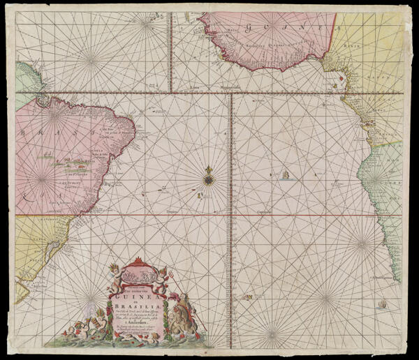 Pascaarte vande Zee custen van Guinea en Brasilias van Cabo de Verde, tot C. de bona Esperanca van R. de Amazones tot Rio de la Plata, alles op wassende graaden gesteit t' Amsterdam, by Joannes van Keulen