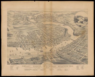 Panoramic View of the City of Calais, Washington Co. Maine St. Stephen And Milltown Washington Co. Charlotte Co. New Brunswick 1879