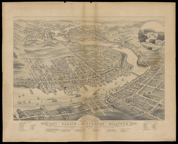 Panoramic View of the City of Calais, Washington Co. Maine St. Stephen And Milltown Washington Co. Charlotte Co. New Brunswick 1879