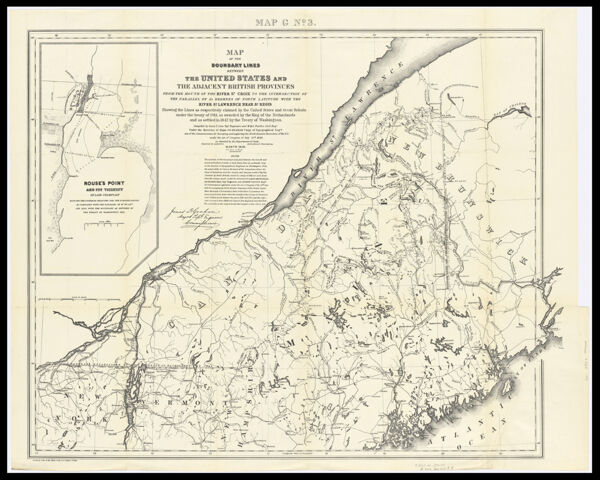 Map of the Boundary Lines Between the United States and the Adjacent British Provinces from the Mouth of the River St. Croix to the Intersection of the Parallel of 45 Degrees of North Latitude with the River St. Lawrence near St. Regis showing the Lines as respectively claimed by the United States and Great Britain under the Treaty of 1783 as awarded by the King of the Netherlands and as settled in 1842 by the Treaty of Washington.