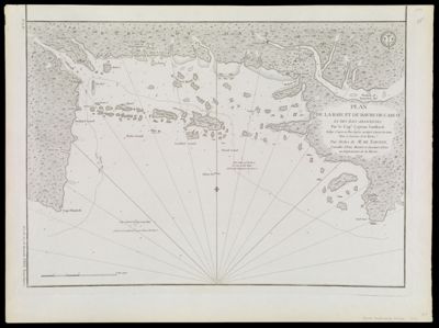 Plan de la Baie et du Havre de Casco et des îles adjacentes, par Cyprian Southack. Rédigé, d'après un plan anglois, au Dépôt général des cartes, plans et journaux de la marine. Par ordre de M. de Sartine, conseiller d'Etat, ministre et secretaire d'Etat au Département de la marine.