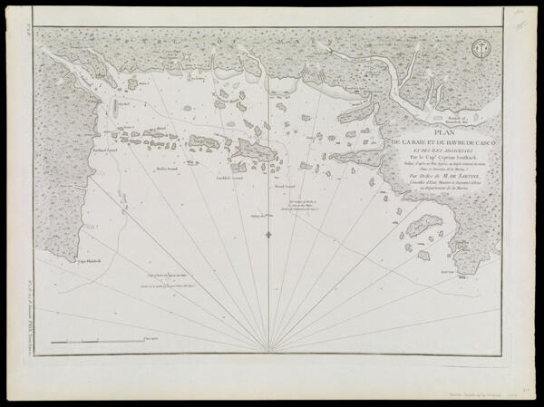 Plan de la Baie et du Havre de Casco et des îles adjacentes, par Cyprian Southack. Rédigé, d'après un plan anglois, au Dépôt général des cartes, plans et journaux de la marine. Par ordre de M. de Sartine, conseiller d'Etat, ministre et secretaire d'Etat au Département de la marine.