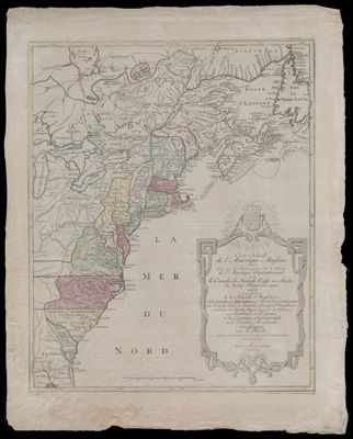 Carte Nouvelle de l'Amérique Angloise contenant tout ce que les Anglois possédent sur le Continent de l'Amérique Septentrionale Savoir le Canada, la Nouvelle Ecosse ou Acadie, les treize Provinces unies qui font: les quatres Colonies de la Nouvelle Angleterre ... Gravée exactement d'apres les determinations geographiques dernierement faites par Matthieu Albert Lotter a Augsbourg.