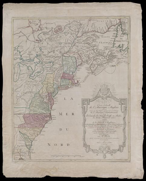 Carte Nouvelle de l'Amérique Angloise contenant tout ce que les Anglois possédent sur le Continent de l'Amérique Septentrionale Savoir le Canada, la Nouvelle Ecosse ou Acadie, les treize Provinces unies qui font: les quatres Colonies de la Nouvelle Angleterre ... Gravée exactement d'apres les determinations geographiques dernierement faites par Matthieu Albert Lotter a Augsbourg.