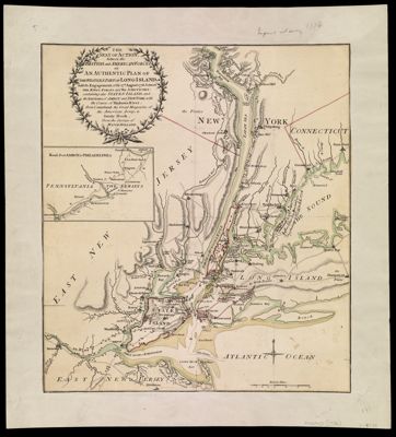 The Seat of Action, between the British and American Forces. or An Authentic Plan of the Western Part of Long Island, with the Engagement of the 27th August 1776, between the Kings Forces and the Americans: containing also Staten Island, and the Environs of Amboy and New York, with the course of Hudsons River, from Courtland the Great Magazine of the American Army, to Sandy Hook. from the surveys of Major Holland