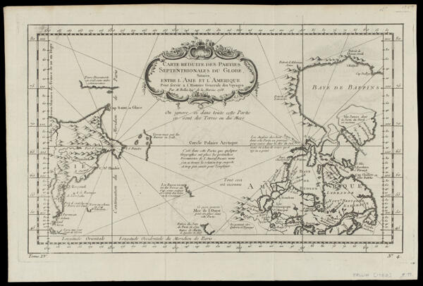 Carte Reduite des Parties Septentrionales du Globe, Situées entre l'Asie et l'Amerique Pour servir à l'Histoire Generale des Voyages Par M. Bellin, Ingr. de la Marine 1758.