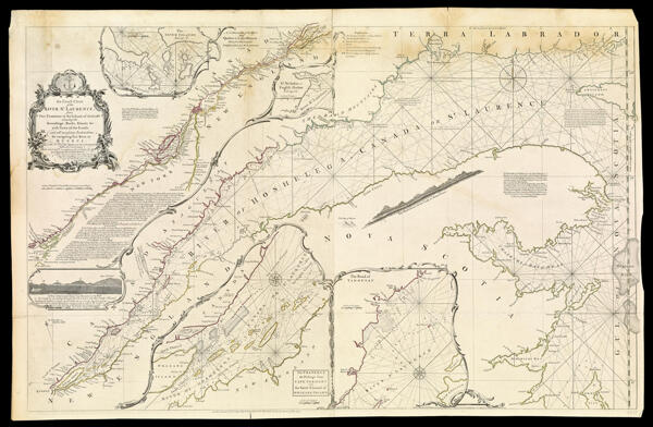 An Exact Chart of the River St. Laurence, from Fort Frontenac to the island of Anticosti shewing the Soundings, Rocks, Shoals &c with Views of the Lands and all necessary Instructions for navigating that River to Quebec.