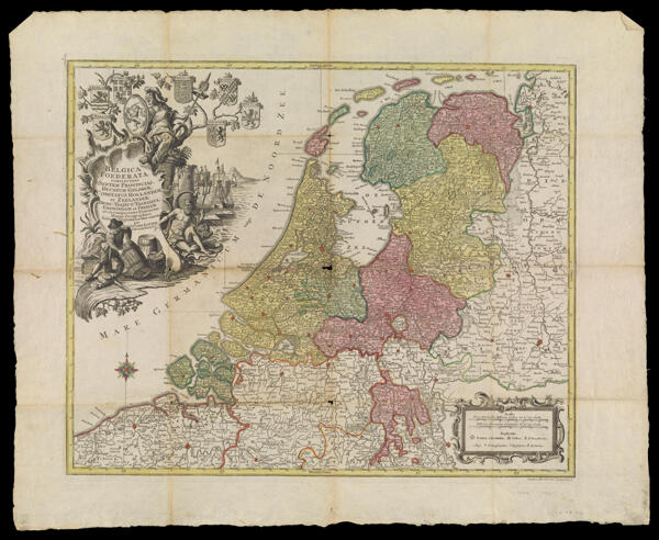 Belgica Foederata Complectens Septem Provincias, Ducatum Geldriae, comitatus Hollandiae et Zeelandiae Dioec: Traject: Transisul: Groningam et Frisiam et circumjacentes Provincias. Mappa Geographica suma diligentia noviter exarata per Tobia Conr. Lotter Geogr: Aug: V.