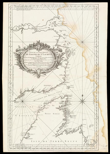 Suite de La Carte Réduite du Golphe de St. Laurent Contenant Les Costes de Labrador depuis Mecatina jusqu'a la Baye des Esquimaux, Le Détroit de Belle-Isle Et Partie des Costes de l'Isle de Terre Neuve connues sous le Nom de Petit Nord Dréssée du Dépôt des Cartes Plans et Journaux de la Marine pour Le Service des Vaisseaux du Roy, Par Ordre de M Rouillé Chr. Comte de Jouy & a. Ministre et Secretaire d'Etat ayant le Departement de la Marine.