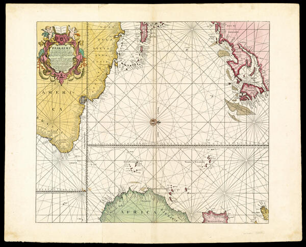 Paskaert waer in de graden der breedde over weder zyden vande middellyn wassende soo vergrooten, dat die geproportioneert syn tegen hunne nevenstaende graden der lengde. Vertonende (behalven Europaes zuydelyckste) een gedeelte van de custen van Africa en America, in 't Octroy by de H.M.H. Staten Genl. der vereenichde Nederl. verleent aende Genle. West-Indische Comp