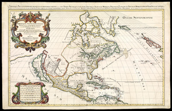 Amerique Septentrionale Divisée en es Principales Parties : ou sont distingués les uns des autres les estats suivant quils appartiennent presentemet aux Francois, Castillans, Anglois, Suedois, Danois, Hollandois tirée des relations de toutes ces nations par Sr. Sanson, Geographe Ordinaire du Roy