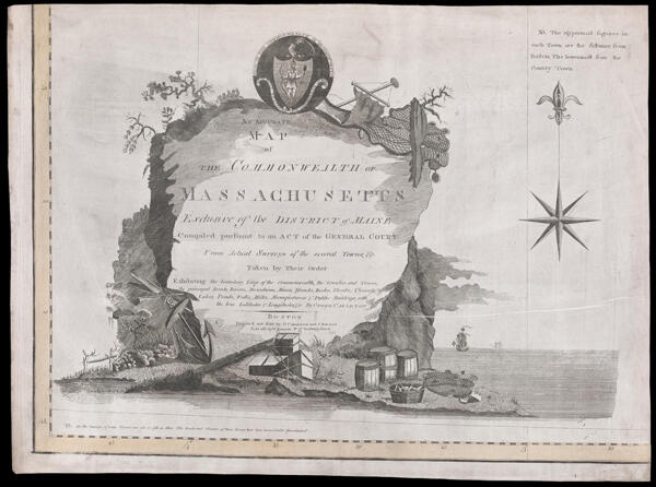 An Accurate Map of the Commonwealth of Massachusetts Exclusive of the District of Maine Compiled pursuant to an act of the General Court From Actual Surveys of the several Towns &c. Taken by Their Order Exhibiting the boundary Lines of the Commonwealth, the Counties and Towns, the principal Roads, Rivers, Mountains, Mines, Islands, Rocks, Shoals, Channels, Lakes, Ponds, Falls, Mills, Manufactures & Public Buildings, with the true Latitudes & Longitudes, &c. by Osgood Carleton