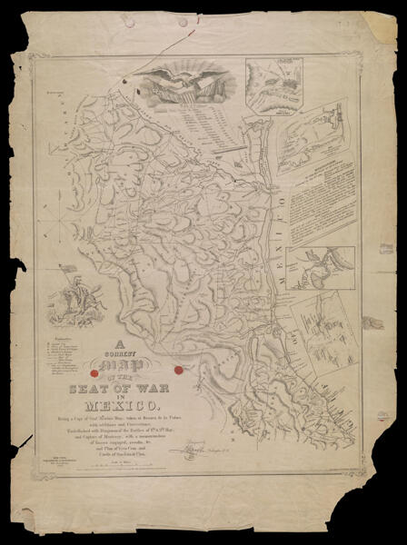 A correct map of the seat of war in Mexico being a copy of Genl. Arista's map, taken at Resaca de la Palma, with additions and corrections embellished with diagrams of the battles of 8th and 9th May, and capture of Monterey, with a memorandum of forces engaged, results, &c. and plan of Vera Cruz and Castle of San Juan de Ulua designed be J.G. Bruff, Washington, D.C