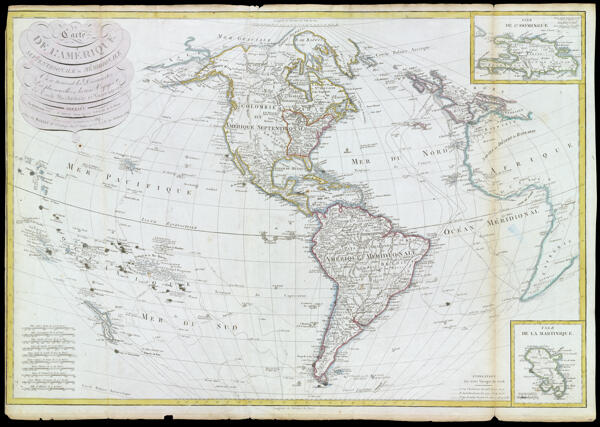 Carte de l'Amerique Septentrionale et Méridionale Ou se trouvent les Découvertes Les plus nouvelles et les trois Voyages de Cook, Mackenzie et Vancouver Dressée Par Hérisson Eléve de Mr. Bonne, Ancien Ingénieur Hydrographe de la Marine