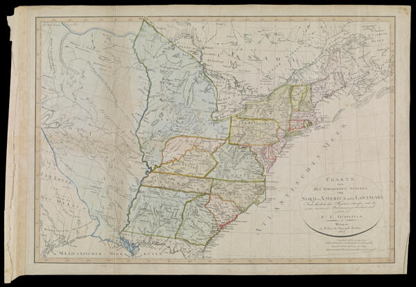 Charte von den Vereinigten Staaten von Nord-America nebst Louisiana Nach Murdochischer Projection nach den neuesten astronomischen Ortsbestimmungen berichtiget und gezeichnet von F.L. Güssefeld.