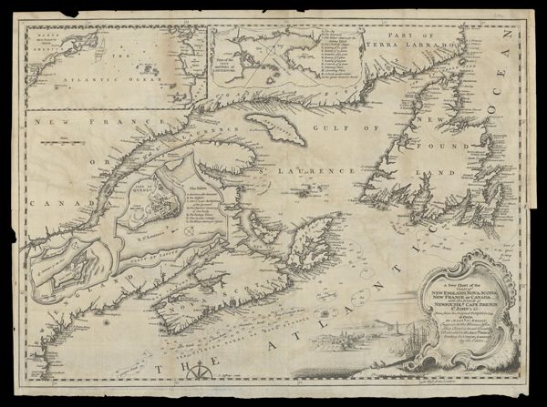 A New Chart of the Coast of New England, Nova Scotia, New France or Canada, with the Islands of Newfoundld, Cape Breton, St. John's &c. Done from the Original Publish'd in 1744. at Paris by Monsr. N. Bellin, Engineer to the Marine Office. This Chart is Most humbly Dedicated to the Britsh. Merchts. trading to North America, by the Editor