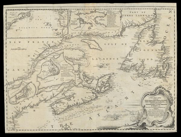 A New Chart of the Coast of New England, Nova Scotia, New France or Canada, with the Islands of Newfoundld. Cape Breton St. John's &c. Done from the Original Publish'd in 1744. at Paris, by Monsr. N. Bellin, Engineer to the Marine Office. This Chart is Most humbly Dedicated to the Britsh. Merchts., trading to North America, by the Editor.