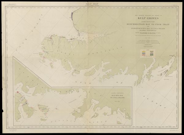 Kelp map, Pacific coast, Alaska. Sheet B. Map showing location and extent of kelp groves, Alaska, south coast, Resurrection Bay to Cook Inlet and, (insert), Kuiukta Bay to Unga Island, Alaska Peninsula