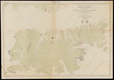 Kelp map, Pacific coast, Alaska. Sheet A. Map showing location and extent of kelp groves, Alaska, south coast, Kodiak and Afognak Islands