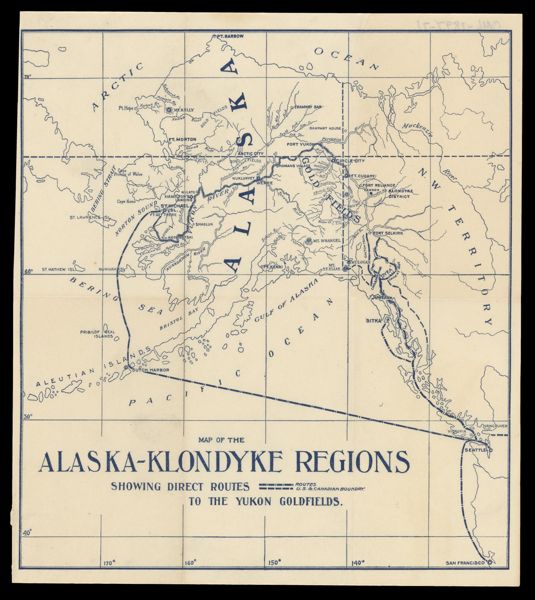 Map of the Alaska-Klondyke Regions : showing direct routes to the Yukon goldfields.