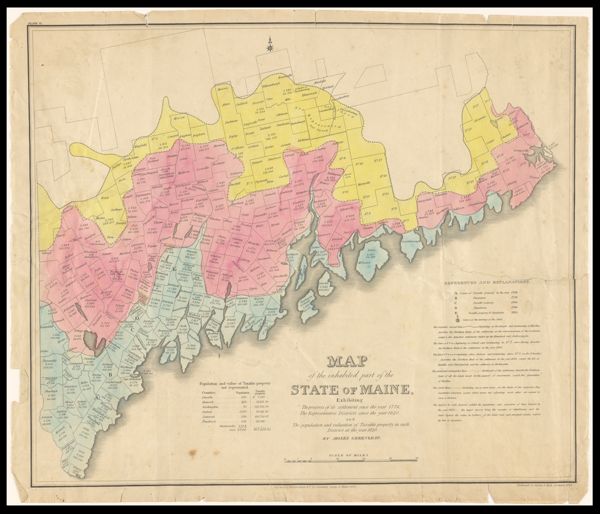 Map of the Inhabited Part of the State of Maine Exhibiting the progress of its settlement since 1778, The Representative Districts since 1820, and The population and valuation of Taxable property in each District at the year 1820. By Moses Greenleaf.