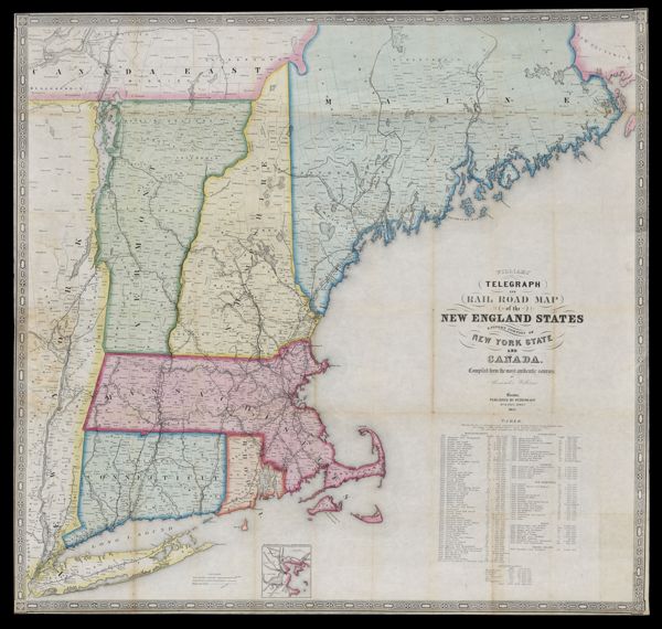 Williams' telegraph and rail road map of the New England states, eastern portion of New York state and Canada : compiled from the most authentic sources