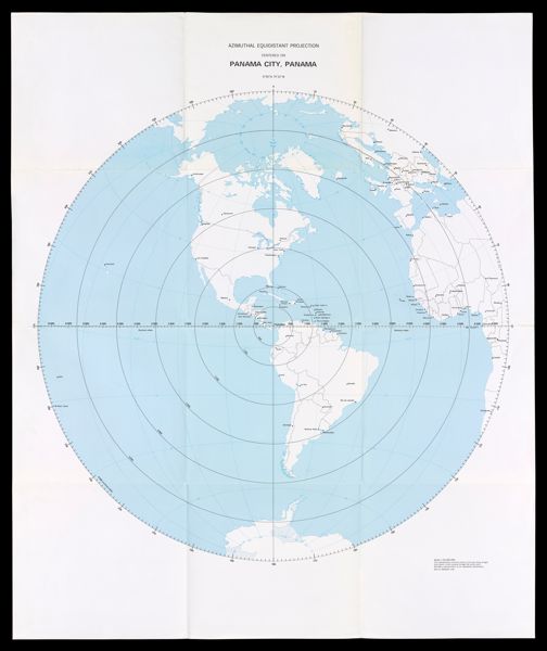 Azimuthal equidistant projection centered on Panama City, Panama, 8°58N 79°32W.