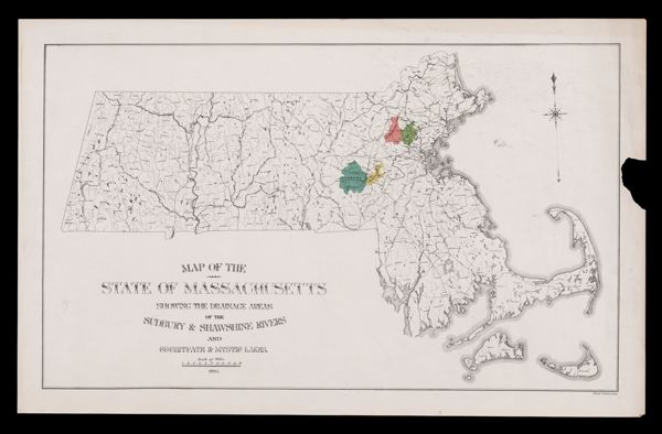 Map of the State of Massachusetts showing the drainage areas of the Sudbury and Shawshine Rivers and Cochituate and Mystic Lakes