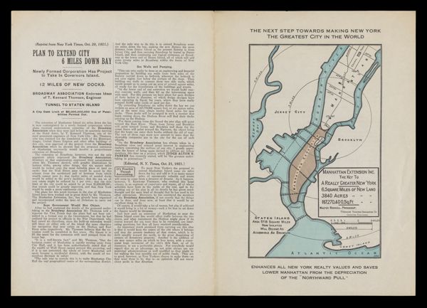 The Next Step towards making New York the greatest city in the world: enhances all New York realty values and saves lower Manhattan from depreciation of the 