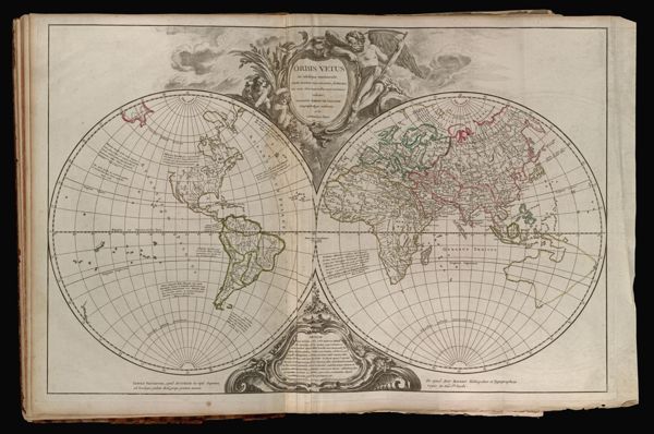 Orbis Vetus in utràque continente juxtà mentem Sansonianam distinctus, nec non observationibus astronomicis redactus, accurante Robert de Vaugondy Geographo Regis Ordinario. 1752. Cum privilegio regis.