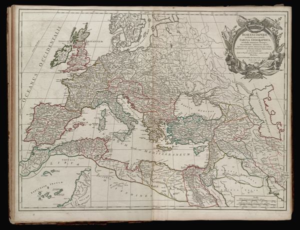 Romani Imperii, occidentis scilicet et orientis, Tabula Geographica, ex Schoedis Sansonianis desumpta, observationibus astronomicis subacta; et, quoad vicinas regiones Romanorum jugo intactus, Germaniam sciliet, Daciam, Germano-Sarmatiam, &c. ne deserta videretur Locis et Populis apud antiquos autores relatis illustrata; Autore D. Robert de Vaugondy Geographo Regis ordin? 1752. Cum privilegio.