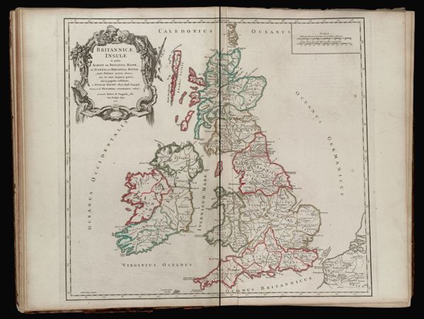 Britannicae, Insulae in quibus Albion seu Britannia Major, et Ivernia seu Britannia Minor juxta Ptolemoi mentem divisoe, tùn in suas majores partes, tùm in populos exhibentur, à Nicolao Sanson Christ. Regis Geographo. Revisoe, et ad observationes astonomicas redactæ, accurante Robert de Vaugondy filio, Cum privilegio regis. 1750.