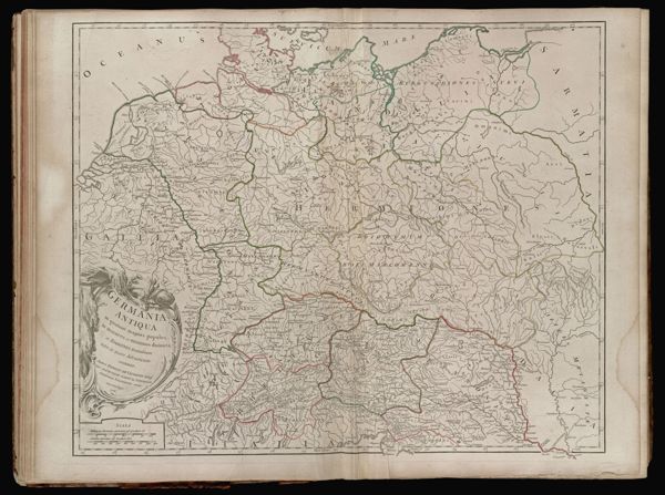 Germania antiqua in quatuor magnos populos, in minores et minimos distincta; et regiones Danubium inter et mare Adriaticum contentae. Autore Robert de Vaugondy Geog. Regis ord? et regiae Scient? ac Litterarum Academiae Nanceiensis socio. Cum privilegio. 1756