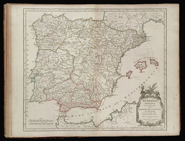 Hispania antiqua in tres praecipuas partes, scilicet Tarraconensem, Lusitaniam, et Baeticam, nec non in populos divisa a N. Sanson Géog. Regis ordinario Revisa et ad observationes astronomicas redacta accurante Robert de Vaugondy filio, Cum privilegio regis, 1750.