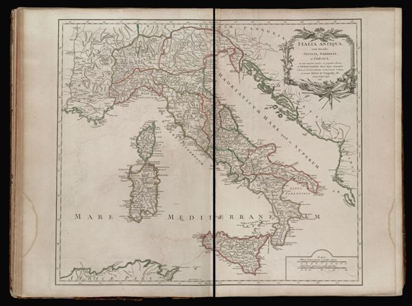 Italia antiqua, cum insulis Sicilia, Sardinia, et Corsica, in suas majores partes et populos divisa, A Nicolao Sanson Christ. Regis Geographo; revisa et ad observationes astronomicas redacta, accurante Robert de Vaugondy filio. Cum privilegio regis, 1751.