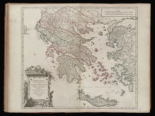 Graecia Vetus ex schaedis Sansonianis desumpta, in quâ Macedonia, Thessalia, Epirus, Achaia et Peloponesus, in minores partes seu populos distinguuntur; nec non inter adjacentes insulas speciatim Creta delineatur Insula, Authore Robert de Vaugondy filio. Geographo regis ordinario, Cum privilegio. 1752.